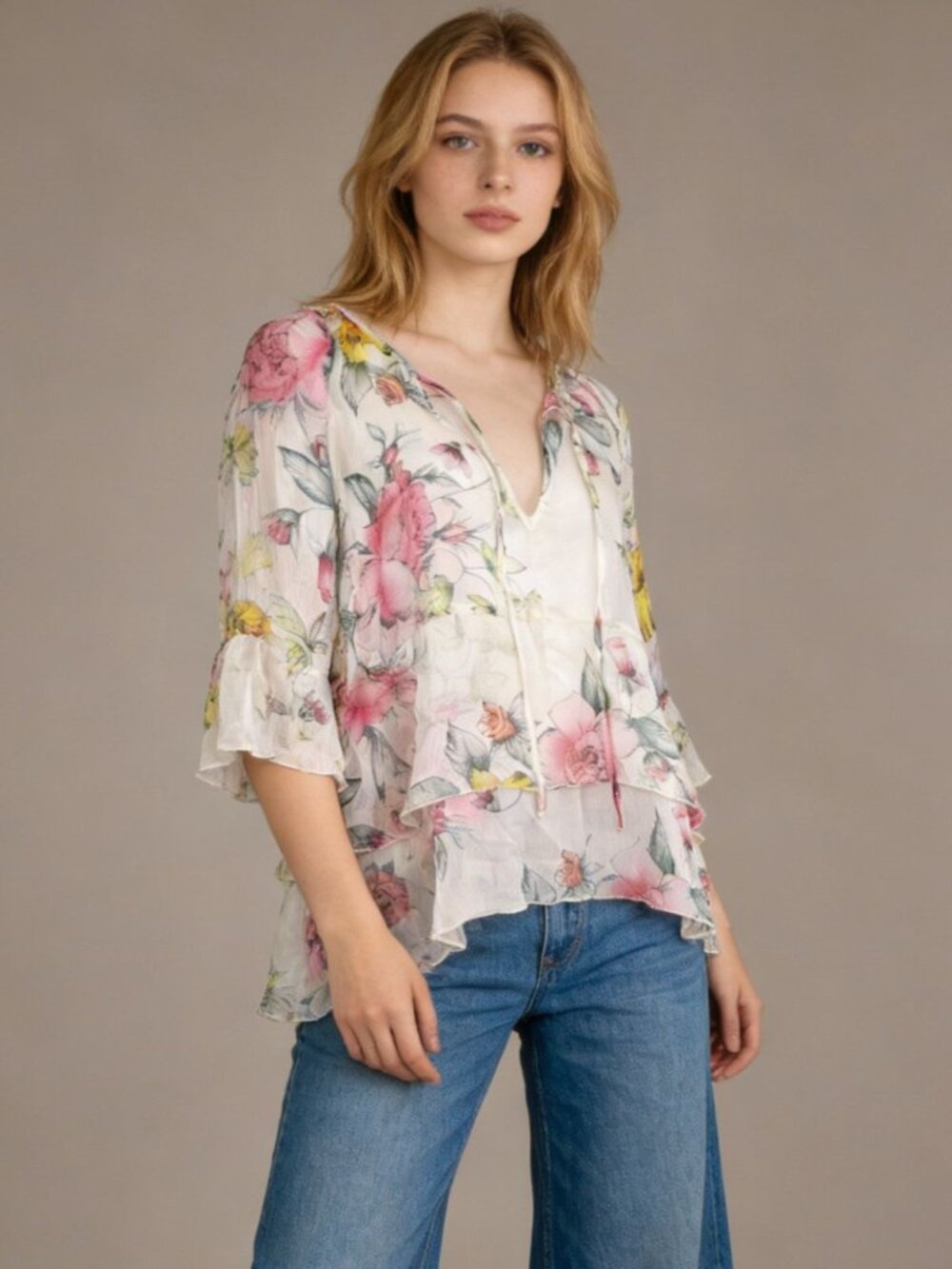 NWOT JOHNNY WAS Floral Ruffle Flounce Sleeve Silk Sheer Bohemia SHIRT Blouse S